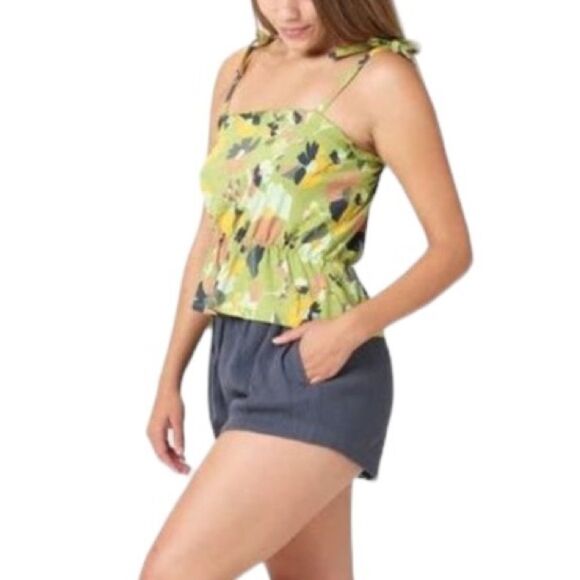 Known Supply Allegra Organic Cotton Spaghetti Strap Floral Tank Top Ruffle Camo - Picture 1 of 16